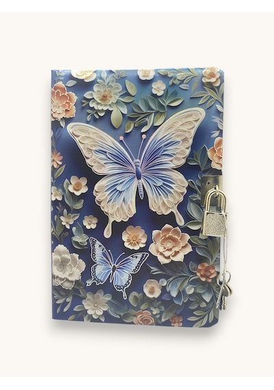 Mavi Büyük Kelebek 3d Görünümlü Hatıra Defteri Günlük Kilitli Defter 80 Yaprak