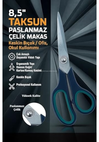 Taksun Paslanmaz Çelik Makas, C2009m, Keskin Bıçak, Ofis, Okul Kullanımı, Çok Amaçlı, Dayanıklı Vidalı Yapı, Ergonomik, Hassas Kağıt, Karton, Kumaş Kesimi, Profesyonel Makas, 8,5"