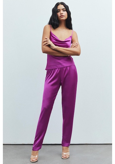 Brûleur Fuşya Degaje Yaka Askılı Uzun Saten Pijama Takımı Fuşya
