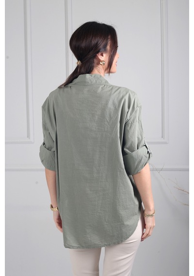 By Saygı Kadın Simli Yaprak Desen Kabartmalı Nakış Detaylı İtalyan Cotton Gömlek Haki