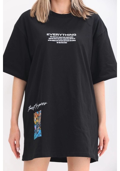 Novalisse Kadın Bisiklet Yaka Baskılı Oversize T-shirt - Siyah Çoklu Renk