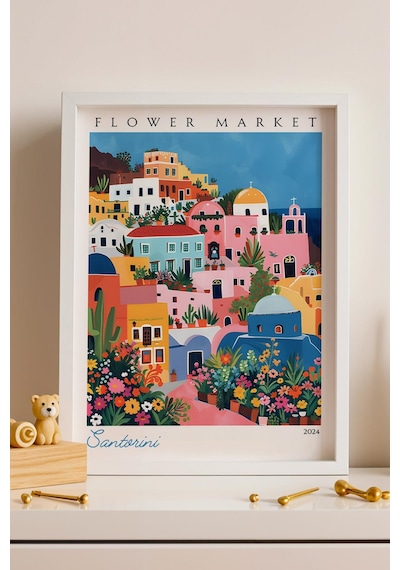 Santorini Yunanistan Çerçeveli Tablo Seyahat Severlere Salon Ve Ofis İçin Estetik Duvar Dekoru Travel Flower Market
