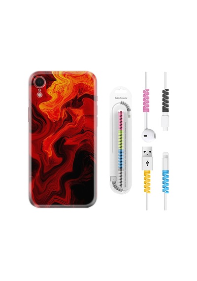 Apple Uyumlu iPhone XR Kılıf Kablo Koruyuculu Red Orange Zigzag 1695
