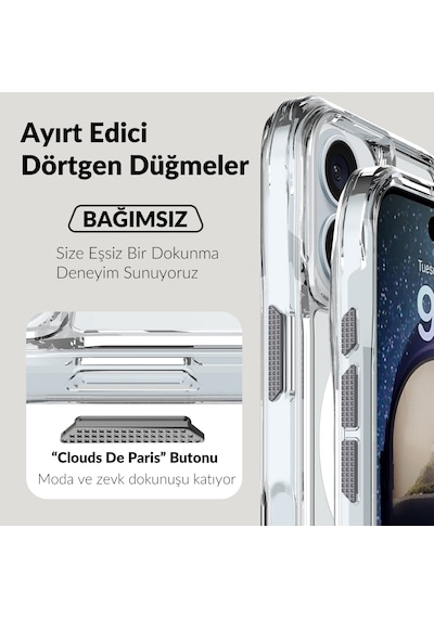 Bix iPhone Uyumlu 16 Octagon Hava Yastıklı Magsafe Kılıf Maksimum Korumalı Antrasit Kristal Şeffaf