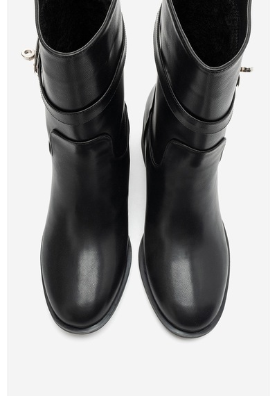 Luvi Shoes Parker Siyah Cilt Tokalı Kalın Topuklu Kadın Bot