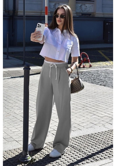 Madmext Gri Çift Bel Bantlı Wide Leg Kadın Pantolon Mg2551 Gri