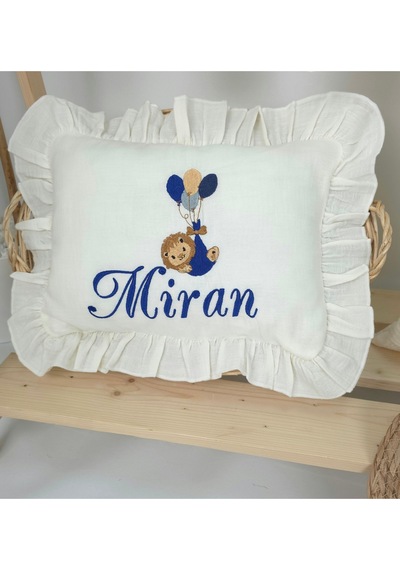 Gros Shop Müslin Yeni Doğan 4katlı Organik %100pamuk Kişiye Özgü Nakışlı Hastane Çıkış Seti Balonlu Aslan-4 Ekru