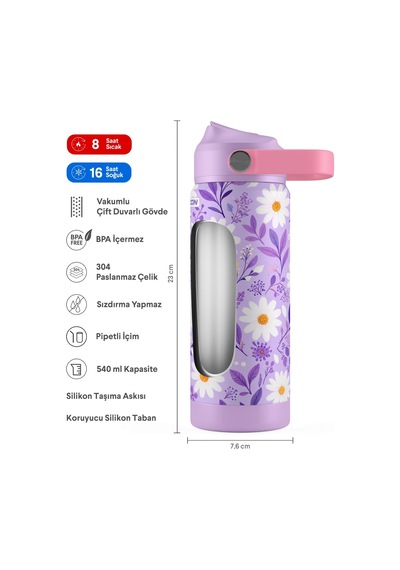 Puccon 540 Ml Papatya Desenli Beyaz - Lila Kız Çocuk Pipetli Çelik Termos Matara/suluk - 60057