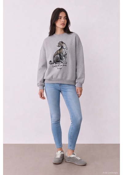 Quzu Baskı Nakış Detaylı Sweatshirt Gri Melanj