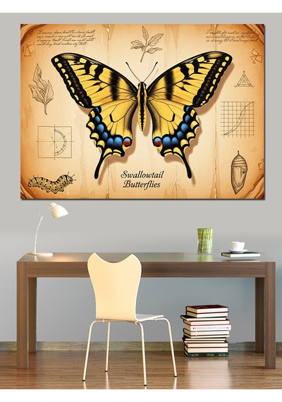 Swallowtail Butterflies Sarı Kırlangıç Kuyruklu Kelebek Eskiz Fonlu Dekoratif Kanvas - Mdf Ahşap Tablo