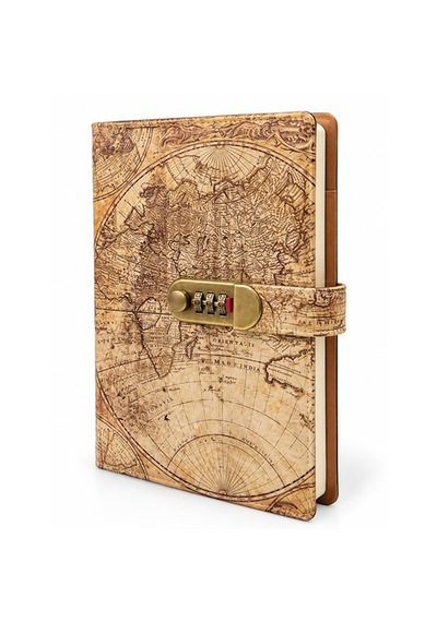 Şifreli Vintage Dünya Haritası Desenli Defter 22x15 Cm Kilitli Günlük Ve Not Defteri Çok Renkli