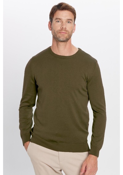 Tudors Erkek Slim Fit Dar Kesim Bisiklet Yaka Haki Triko Kazak-32481 Haki