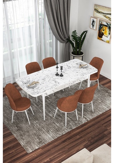 Canisa Kor Serisi, Beyaz Mermer Desen 70x114 Açılabilir Yemek Masa Takımı,6 Kiremit Sandalye Masa Beyaz Mermer Desen Sandalyeler Kiremit Canisa Kor Serisi, Beyaz Mermer Desen 70x114 Açılabilir Yemek Masa Takımı,6 Kiremit Sandalye Masa Beyaz Mermer Desen Sandalyeler Kiremit