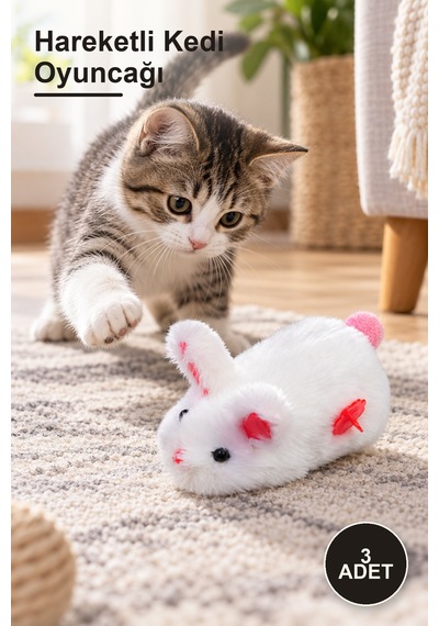 3 Adet Kurmalı Peluş Tavşan Oyuncak Hareketli Kedi Oyuncağı