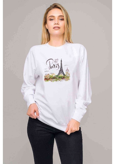 Paris Eyfel Kulesi Baskılı Beyaz Kadın Sweatshirt