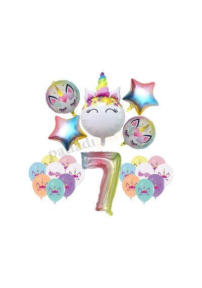 7 Yaş Gökkuşağı Konsepti Unicorn Temalı Doğum Günü Parti Kutlama Seti