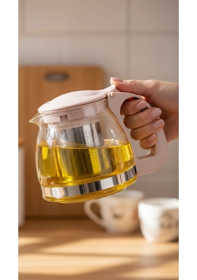 Renkli Süzgeçli Cam Demlik 700 Ml -bej Çok Renkli