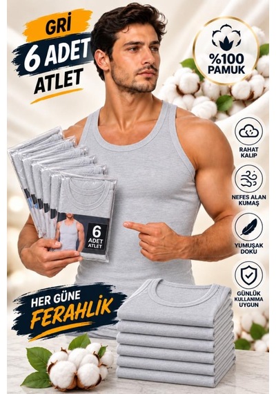 Trendybee Gümüş- Erkek Gri Atlet 6'lı Paket Özel Kutusunda %100 Pamuk Rahat Ve Şık Tasarım