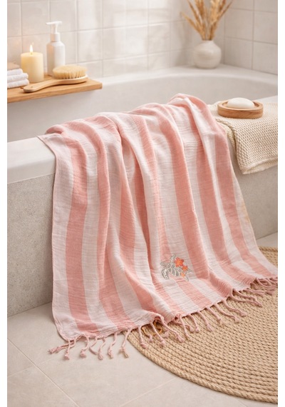 Faralya Life %100 Pamuklu Nakışlı Peştemal - Deniz Kaplumbağası Desenli Plaj Ve Banyo Havlusu Açık Pembe