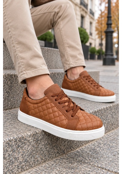 Mevese Egitserp Bağcıklı Cilt Kapitone Desenli Erkek Günlük Sneaker Ayakkabı - Taba
