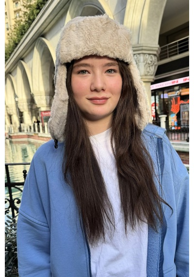 Mollycrush Genç Bej Peluş Pilot Şapka Uniseks Trend Kulaklıklı Kışlık Ushanka Model Bej