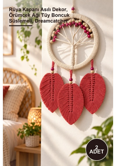 2 Adet Dream Catcher Hayat Ağacı Nar Rüya Kapanı Asılı Dekor, Örümcek Ağı Tüy Boncuk Süslemeli, Dreamcatcher Sarı