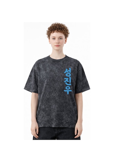 Solo Leveling Arise Anime Baskılı Unisex Oversize Eskitme Yıkamal Siyah