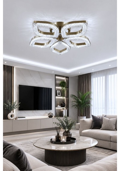 Yonca Model Eskitme Kumandalı 5"li Ledli 3 Renk Modu Kristal Salon Mutfak Yatak Çocuk Odası Avize Altın
