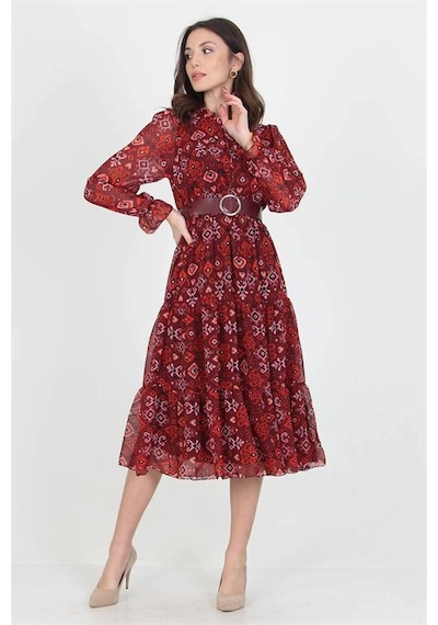 Neşeli Butik Kadın Kemerli Yakası Bağlama Detaylı Desenli Şifon Elbise Rssn02 Bordo Neşeli Butik Kadın Kemerli Yakası Bağlama Detaylı Desenli Şifon Elbise Rssn02 Bordo