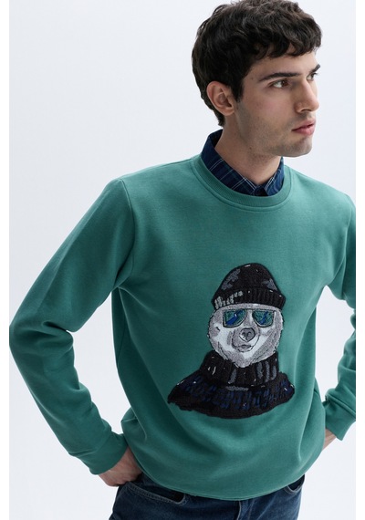 Mudo Erkek Erkek Yeşil Nakışlı Bisiklet Yaka Sweatshirt 1265073