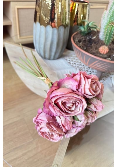 Yapay Çiçek Kuru Gül Pembe Gül Kurusu Renk 6çiçek 4tomurcuk 10lu Demet Gelin Çiçeği Buketi