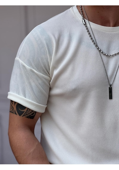 Modefendi İnce Fitil Desenli Tshirt Beyaz