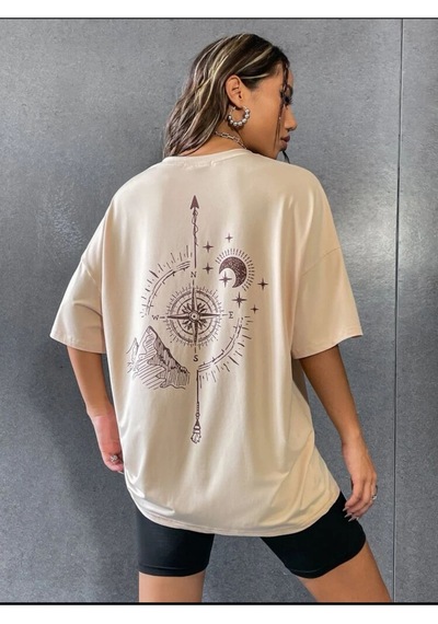 Pusula Baskılı Oversize Unisex Tişört Taş