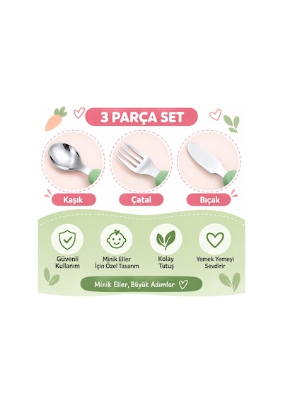 Yeşil Renk Figürlü Premium Çocuk Bpa Free Paslanmaz Çelik Uçlu Çatal-kaşık-bıçak Set 12+ Ay