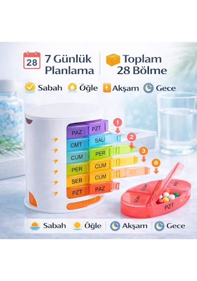Coofbe Haftalık İlaç Saklama Kutusu 4 Bölmeli 28 Gözlü Kilitli Kapaklı Hap İlaç Kutusu Bpa İçermez Siyah