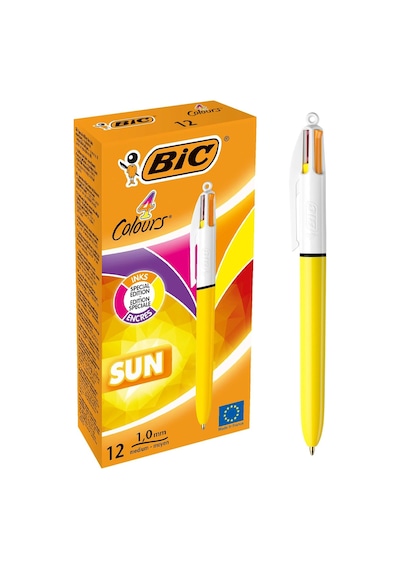 Bıc 4 Colours Sun Tükenmez Kalem, 12'li Kutu, 1.0mm Uç, Tek Kalemde Sarı, Mor, Turuncu Ve Pembe Renkler Genel