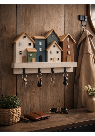 Ahşap Ev Figürlü Anahtarlık Askılığı Dekoratif Duvar Anahtarlığı 4 Kancalı Modern Organizer Çok Renkli