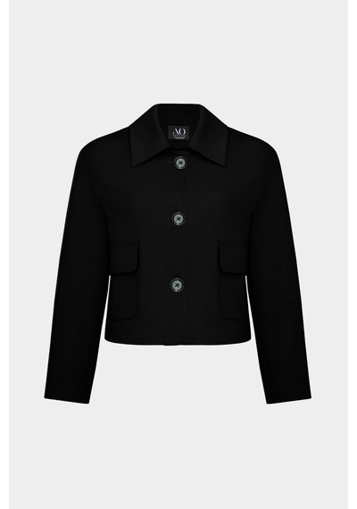 Açelyaokcu Premium Vento Lycra Cep Detaylı Kısa Dokuma Ceket Siyah