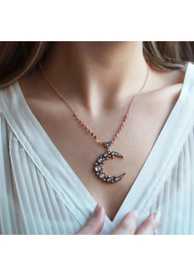 Elmas Montür Hilal Rose Gold Kaplama Gümüş Kolye Gümüş