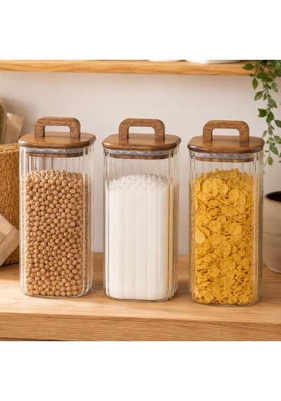 1500 Ml Kare Line Cam Kavanoz 3'lü Set, Akasya Kapaklı Şeffaf Cam Saklama Kavanozu, Ahşap Kapaklı Mutfak Düzenleyici, Bakliyat Makarna Kahve Çay Kuruyemiş Kuru Gıda Kabı Çok Renkli