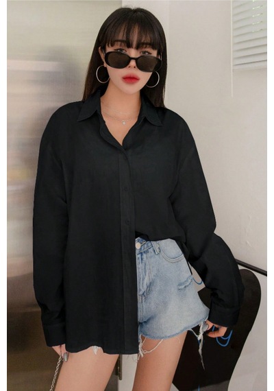 Tarz Cool Oversize Basic Uzun Kollu Gömlek Siyah