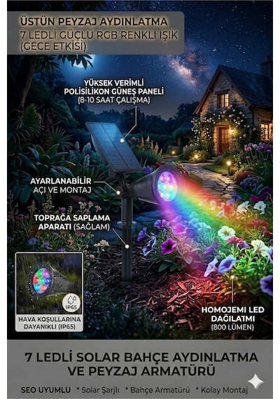 Solar Gunes Enerjili Rgb Renk Degistiren Bahce Armaturu 7 Ledli Renkli Dis Mekan Peyzaj Cim Kazikli