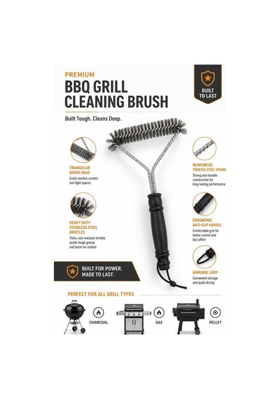 Barbekü Ve Mangal Temizleme Fırçası, Izgara Teli Ve Pişirme Yüzeyi Temizliği İçin Üçgen Başlıklı Siyah Saplı, 30 X 16,5 Cm