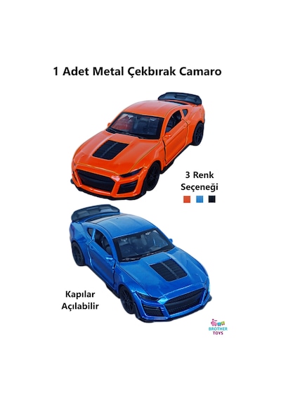 1 Adet Metal Camaro Çekbırak Oyuncak Araba 12 Cm. Mavi Turuncu Siyah