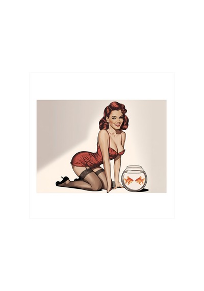 Pin-up Kızı Ve Balık Kasesi Modern Ahşap Tablo