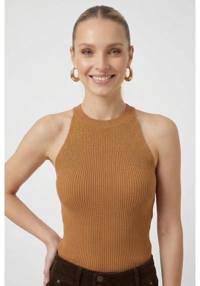 Neden Tekstil Kadın Taşlı Fitilli Halter Yaka Crop Bluz - Camel