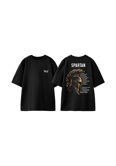 Thewert Spartan Kask Tasarım Sırt Baskılı Pamuk Siyah Oversize T-shirt