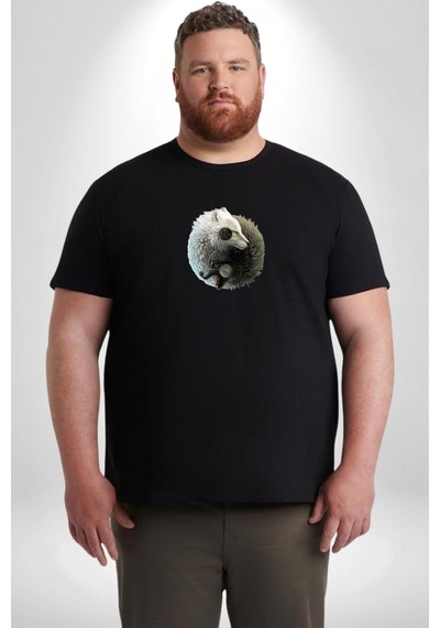 Angemiel Yin İle Yang Beyaz Siyah Kurt Siyah Büyük Beden Erkek Kadın Unisex Basic Ön Baskılı Tişört Siyah
