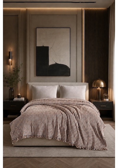 Çift Kişilik Pike Kazayağı Desenli Dekoratif Yatak Örtüsü 200x220 Cm Kahverengi