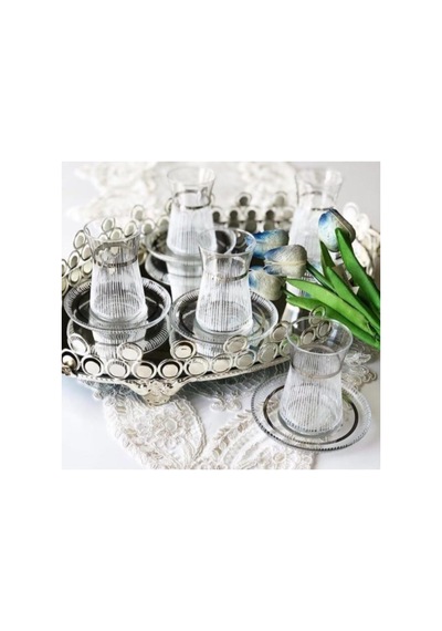 Handmade Gümüş Işlemeli 6 Kişilik Çay Seti Çok Renkli